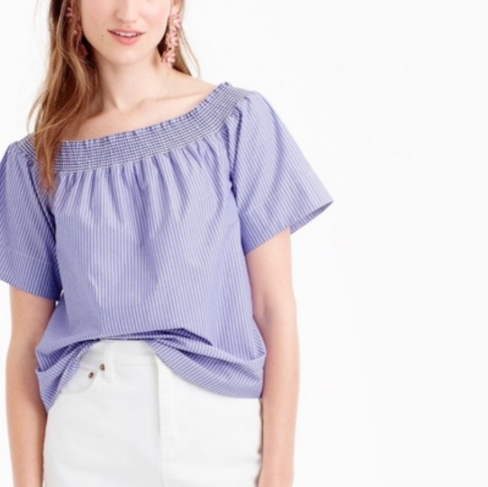 J. Crew Stripe Off Shoulder Blouse Size 12/Large Blue White Stripe - Picture 3 of 10